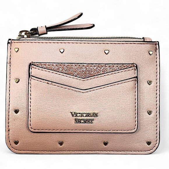 Victoria Secret Rose Zip Cardcase/Key Chain Gold Heart Studded Logo Coin Pocket - Picture 1 of 6